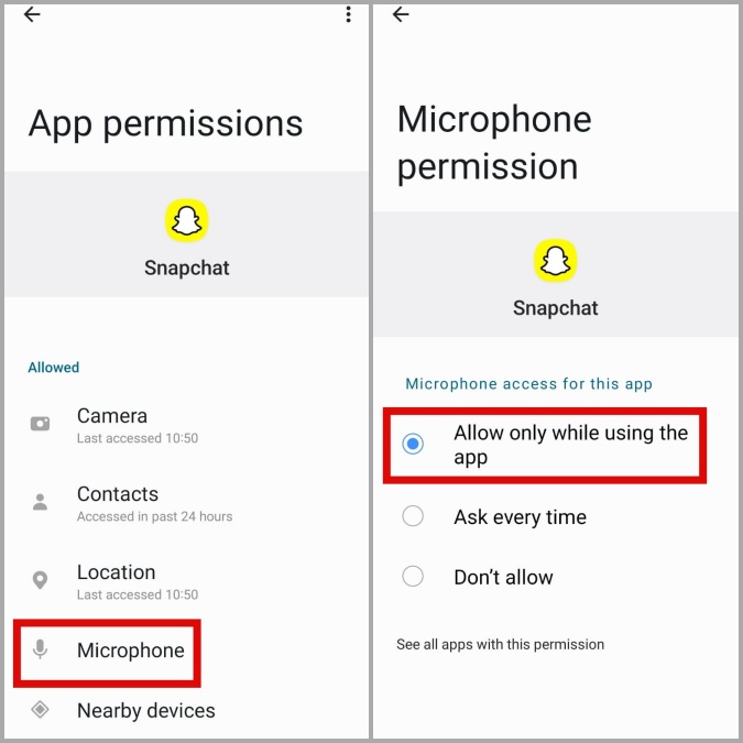 Permita que Snapchat use el micrófono en Android