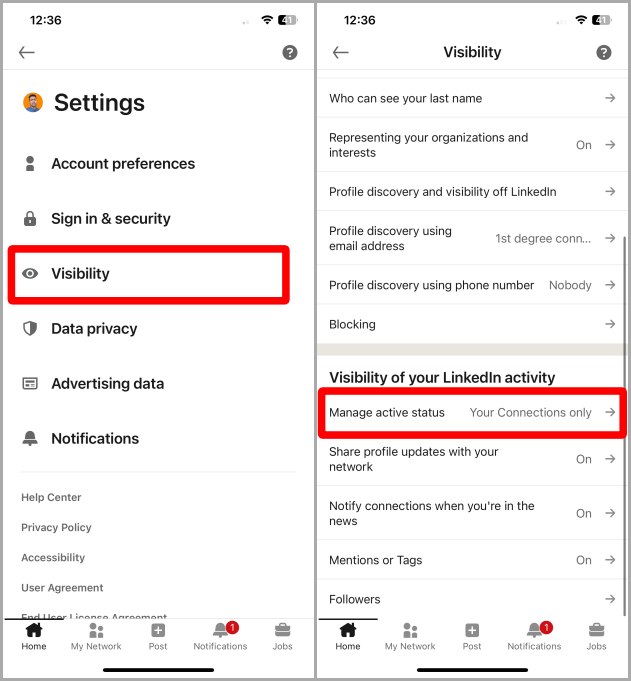 Visibilidad y administrar la configuración de estado activo LinkedIn iOS
