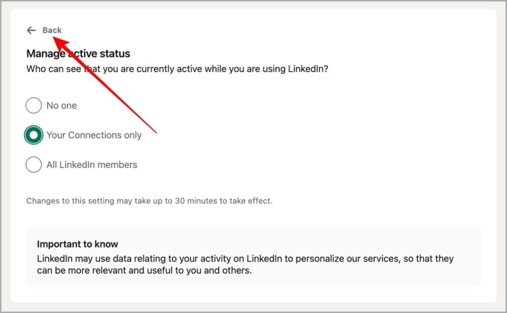 Configuración de estado activo cambiado de LinkedIn en la web