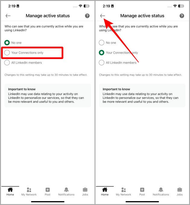 Cambiar o administrar la configuración de estado activo de LinkedIn en iOS