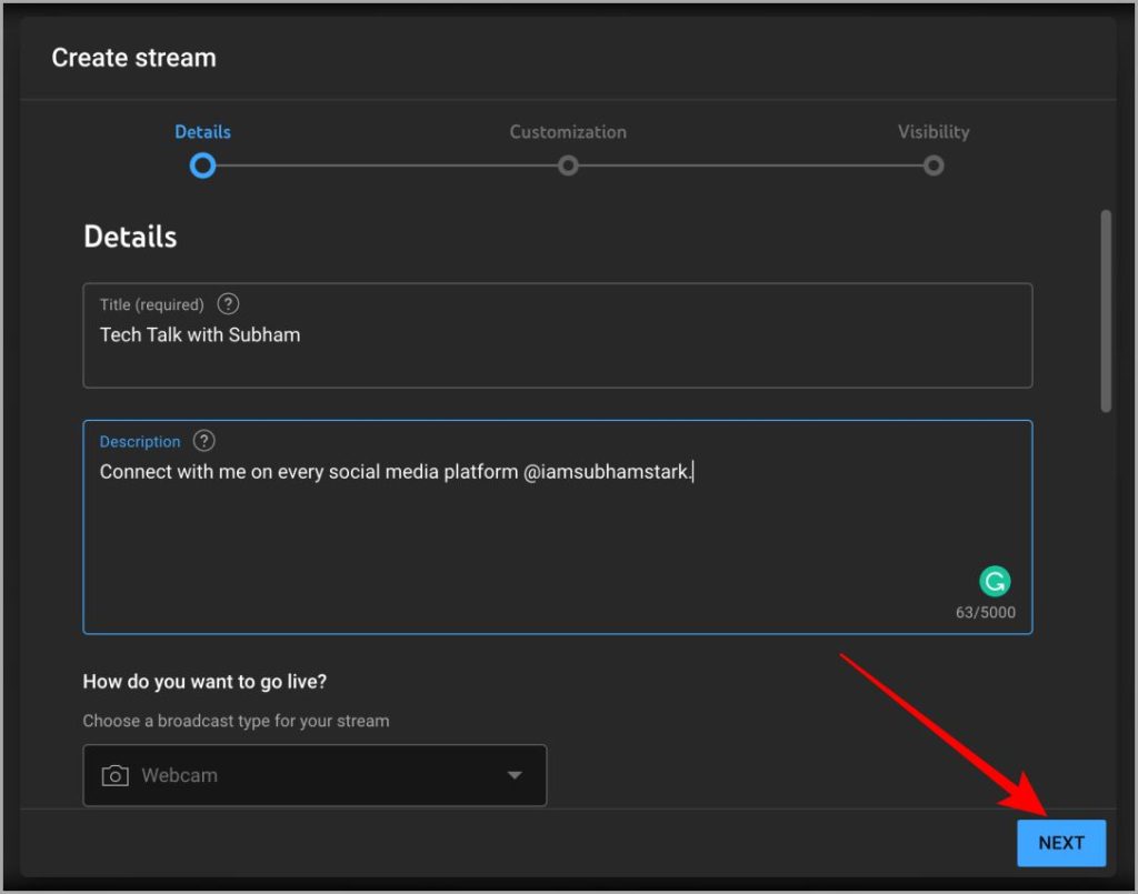 Crear detalles de transmisión YouTube Studio Web