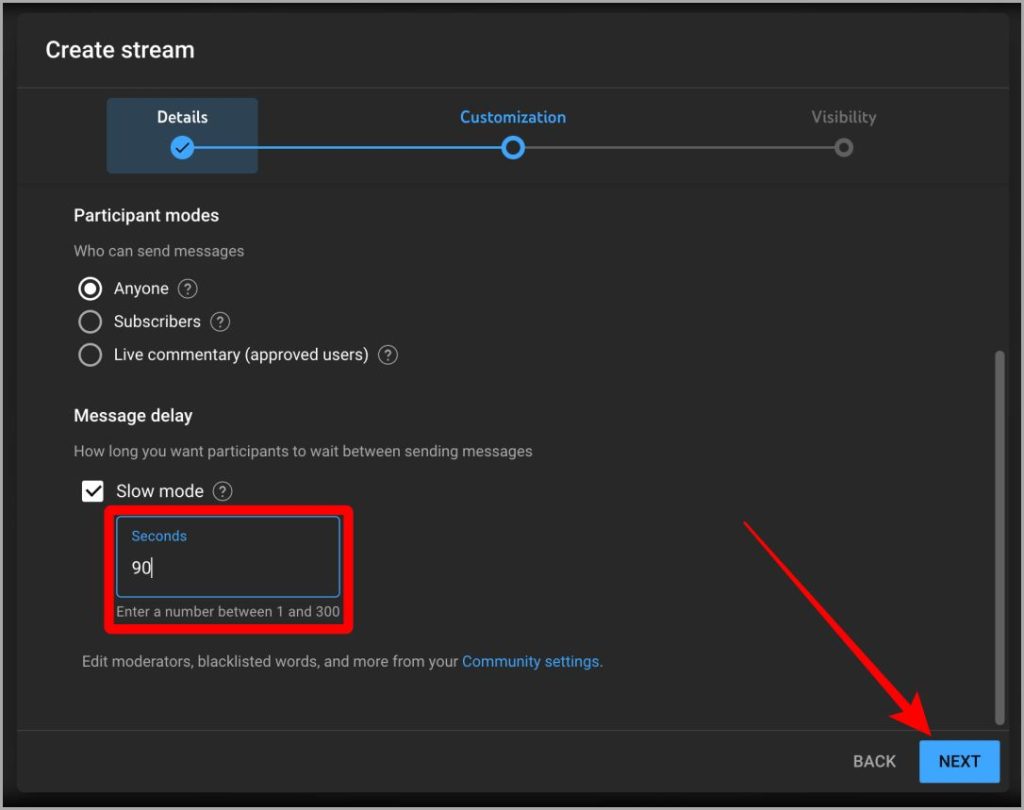 Crear configuración de retraso de mensaje de transmisión para modo lento en YouTube Studio