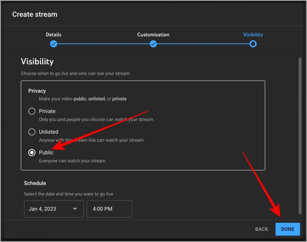 Configuración de visibilidad de la transmisión de YouTube Studio Web Web 