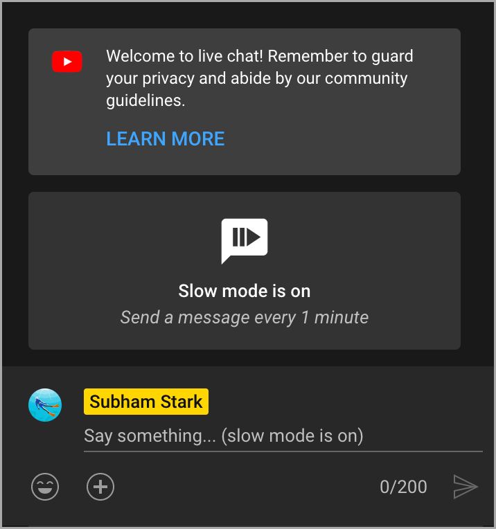YouTube Live Chat Modo lento habilitado en la web