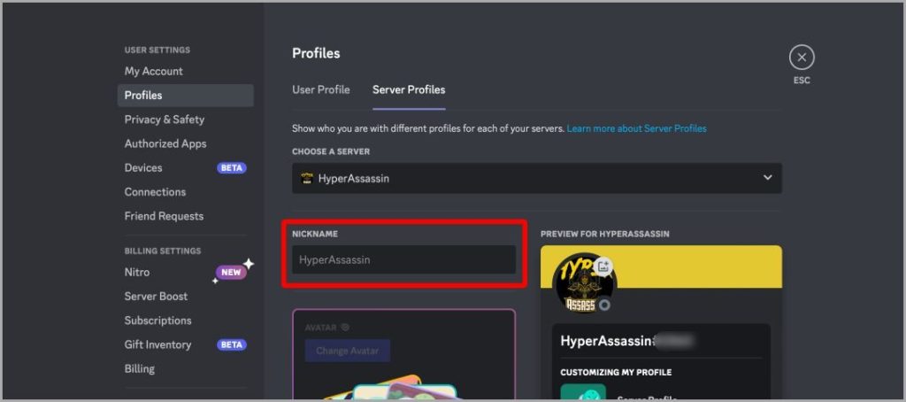 Configuración de perfil Discord web
