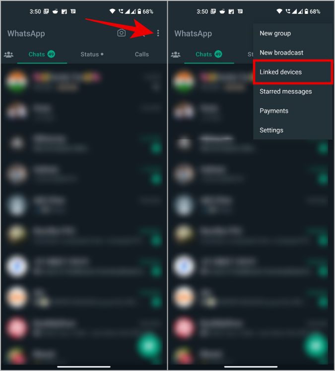Opción de dispositivo vinculado en WhatsApp Android