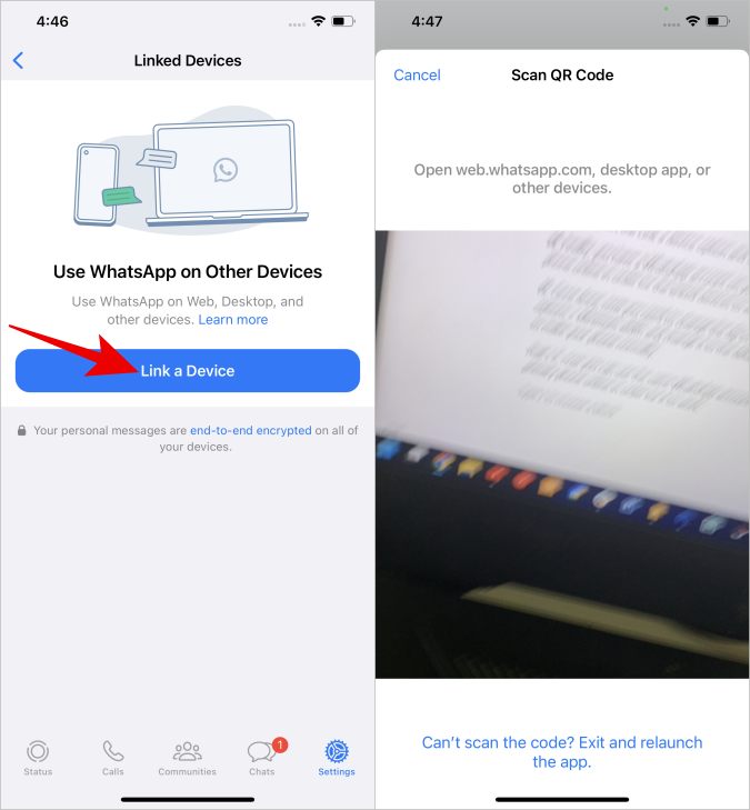 Enlace un dispositivo en WhatsApp iOS