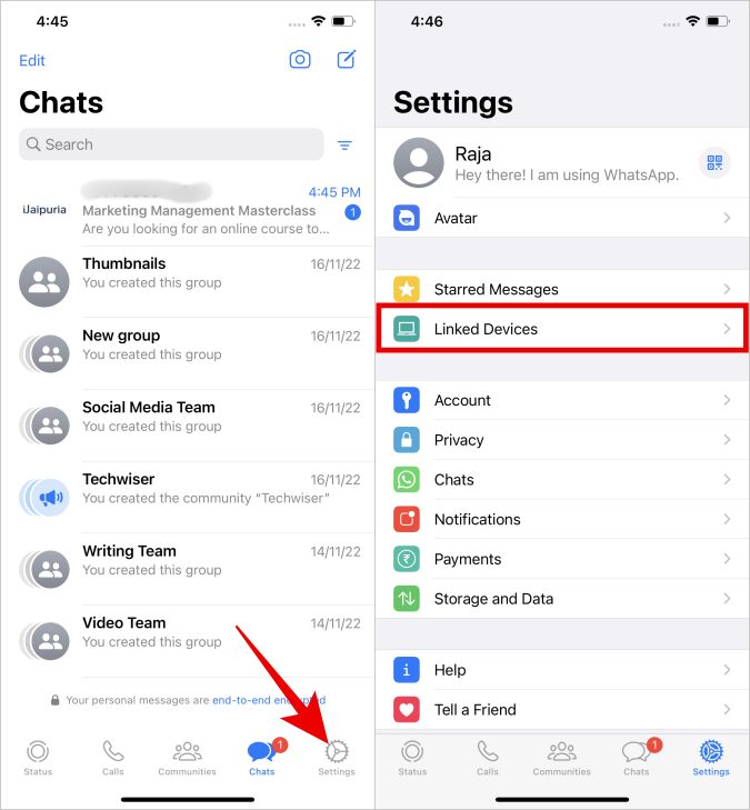 Opción de dispositivos vinculados en whatsapp iOS