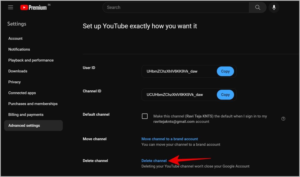 Eliminar el canal de YouTube