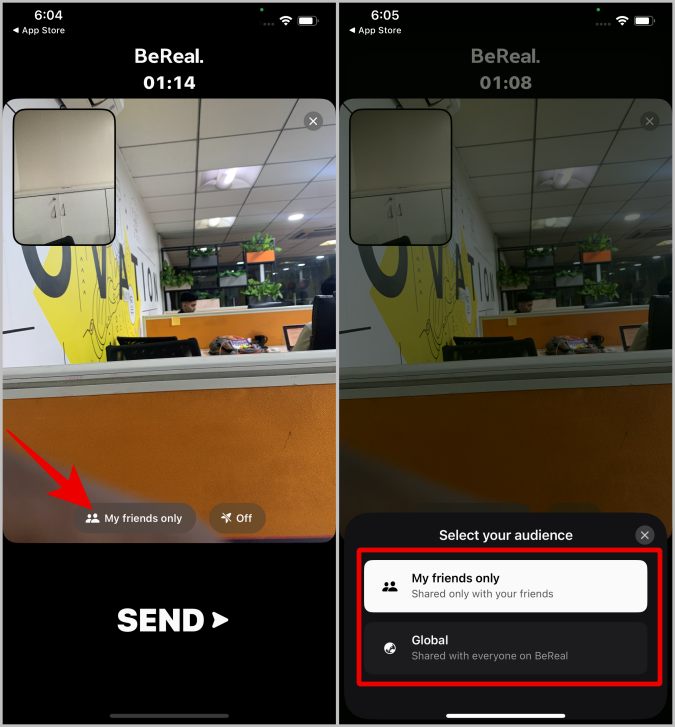 Seleccionando a la audiencia en Bereal en iOS