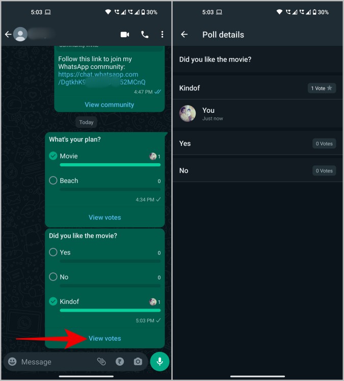 Detalles de la encuesta en WhatsApp Android