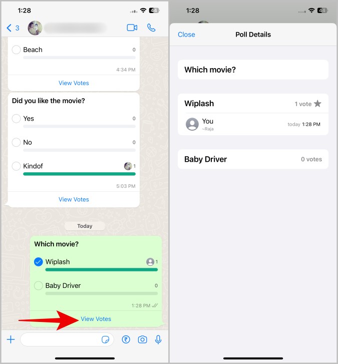 Viendo votos en WhatsApp iOS