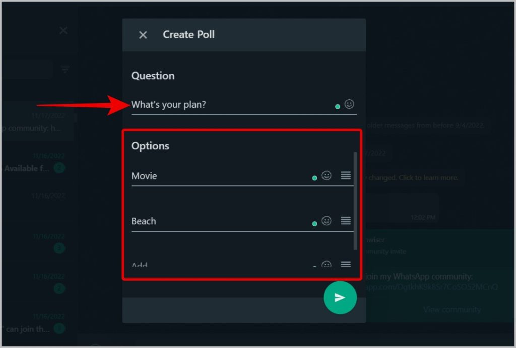 Creación de encuesta en WhatsApp Web