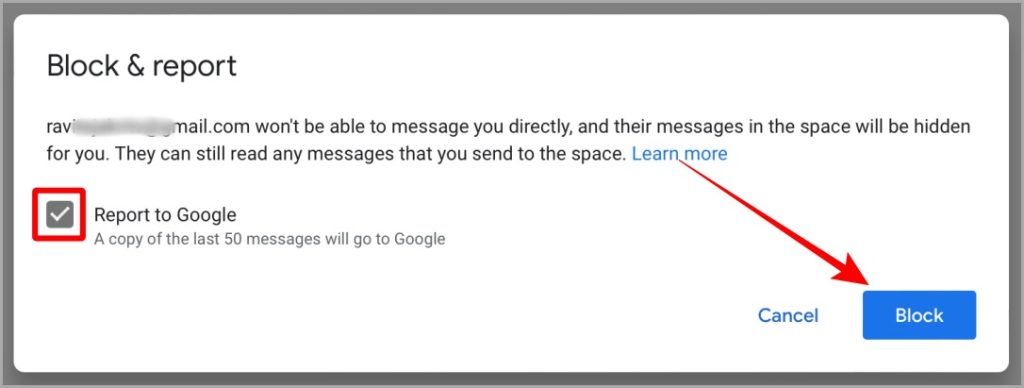 Confirmando bloque e informe en la web de Google Chat