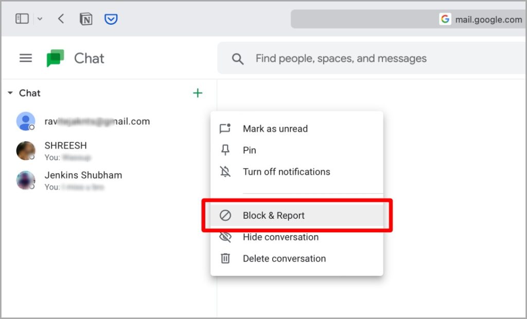 Bloquee e informe en la web de Google Chat