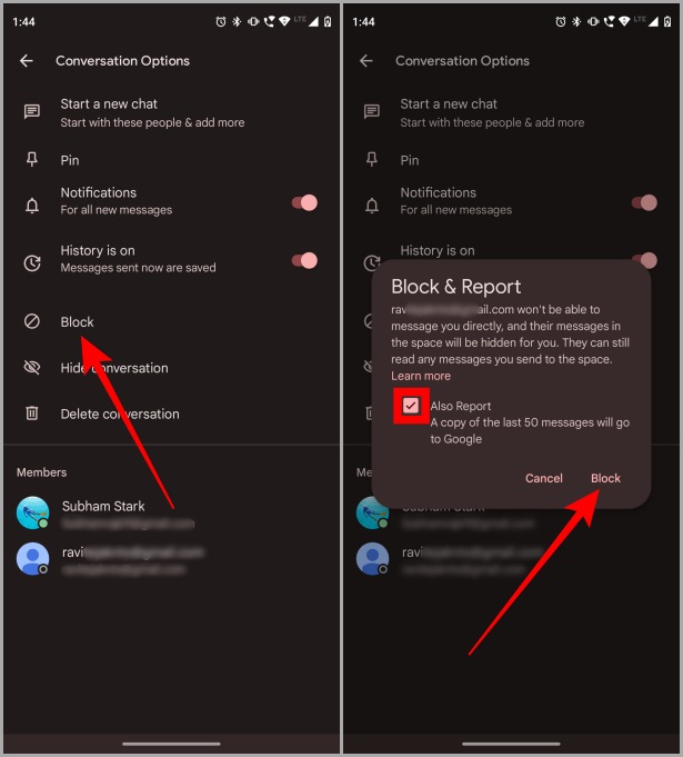 Bloquear e informar a alguien en Google Chat Mobile