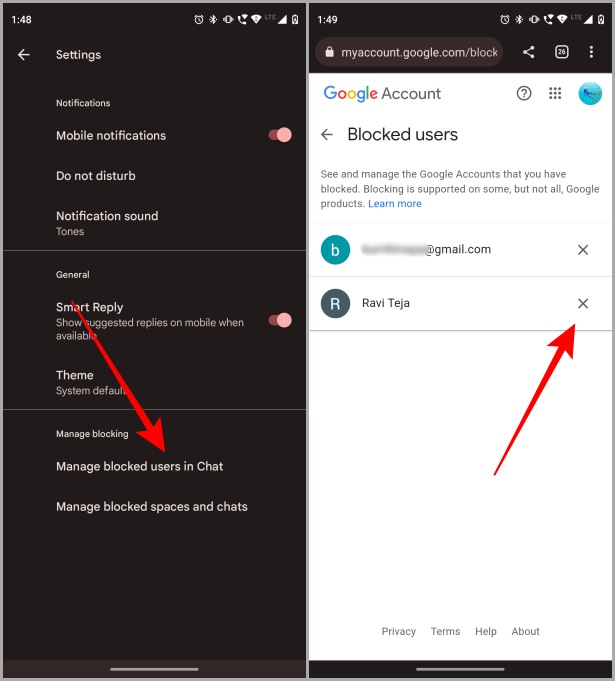 Descargar a alguien en Google Chat Mobile