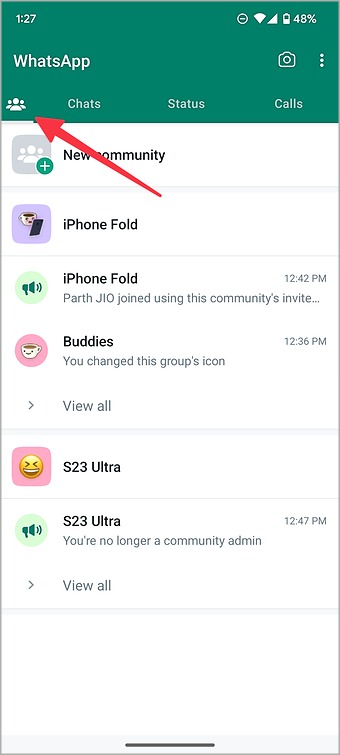 Pestaña de comunidades en WhatsApp Android