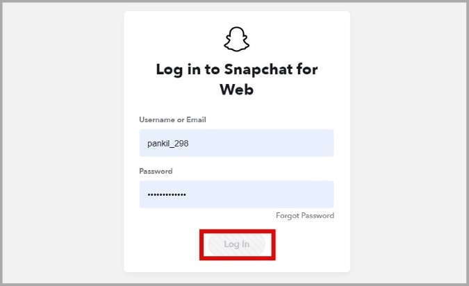 Página de inicio de sesión web de Snapchat