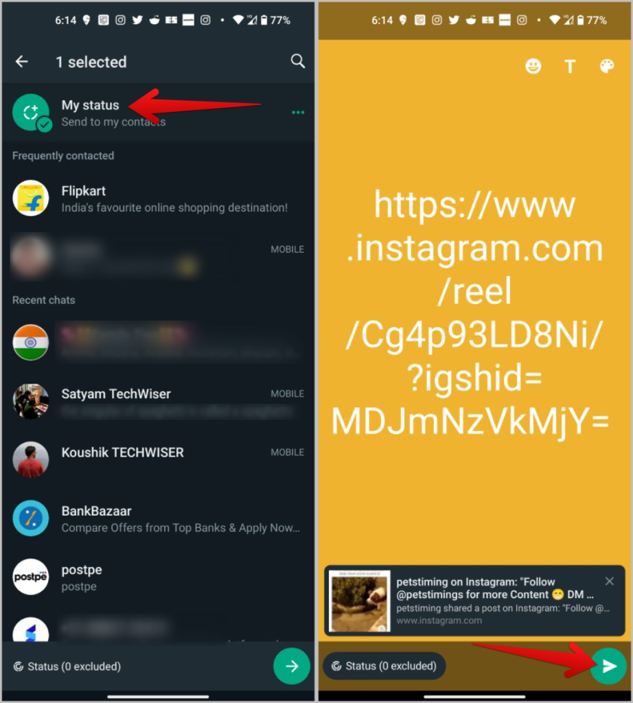 Compartir el enlace de carrete de Instagram en el estado de WhatsApp