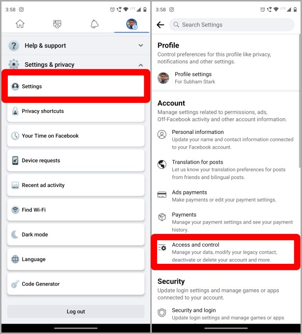 Configuración de Facebook y control de acceso