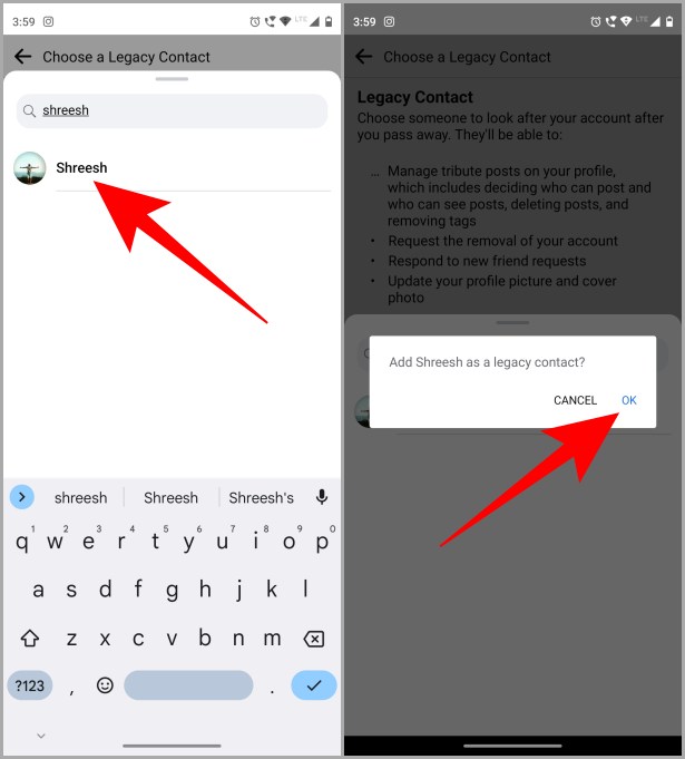 Seleccionar a un amigo como un legado contactar a Facebook