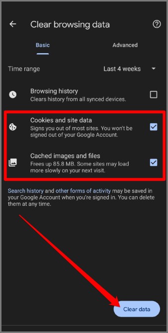 Clare caché y cookies en Chrome para Android