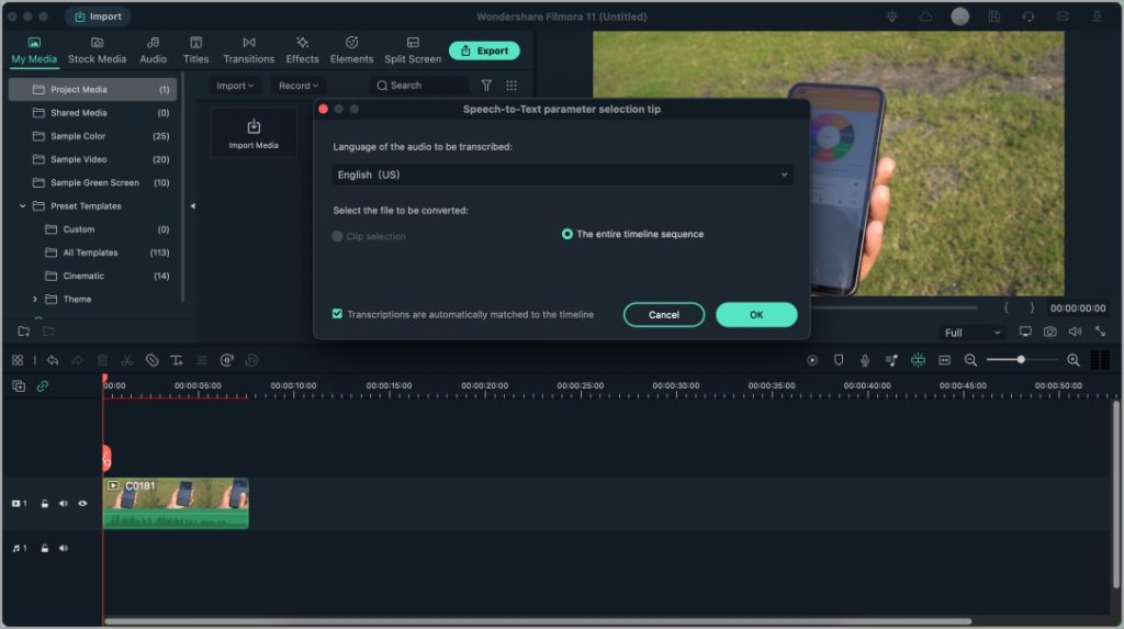 Filmora Speech to Text Feature