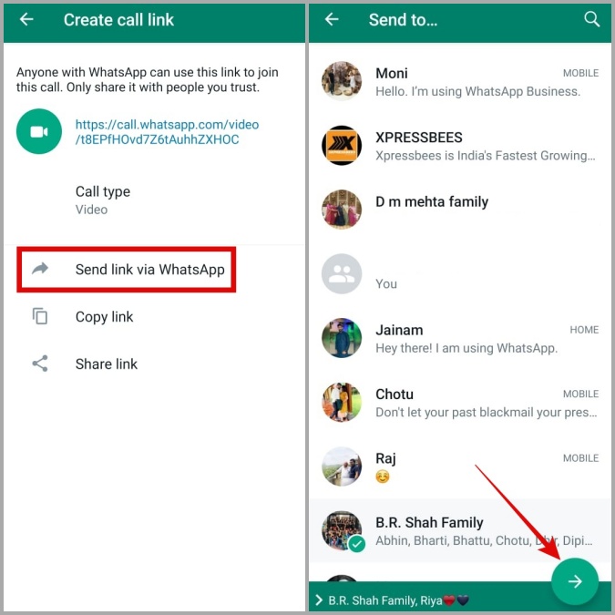 Enviar enlaces de llamadas de WhatsApp en Android