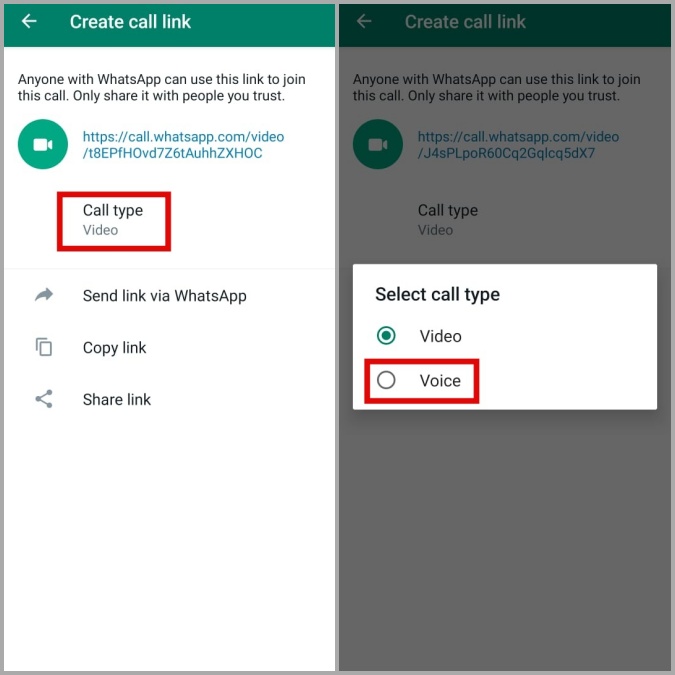 Cambiar el tipo de llamada de WhatsApp para compartir enlaces en Android