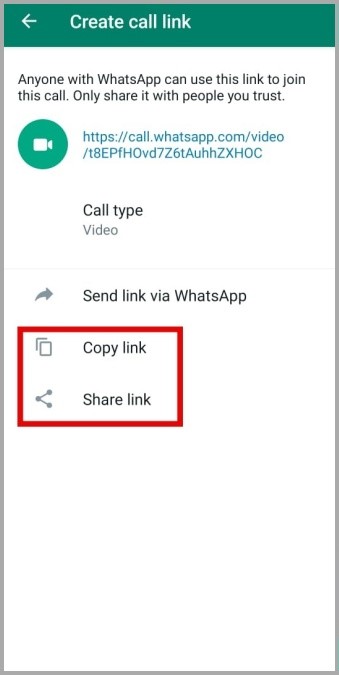Copiar o compartir los enlaces de llamadas de WhatsApp en Android