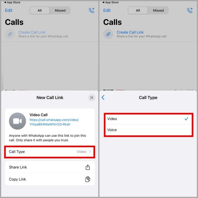Cambiar WhatsApp Tipo de llamada en enlace Compartir en iPhone