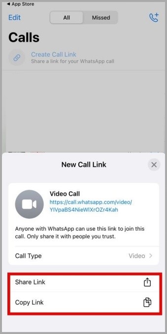 Comparta el enlace de llamada de WhatsApp desde iPhone