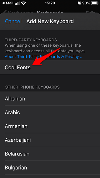 Activar nuevo teclado de fuentes