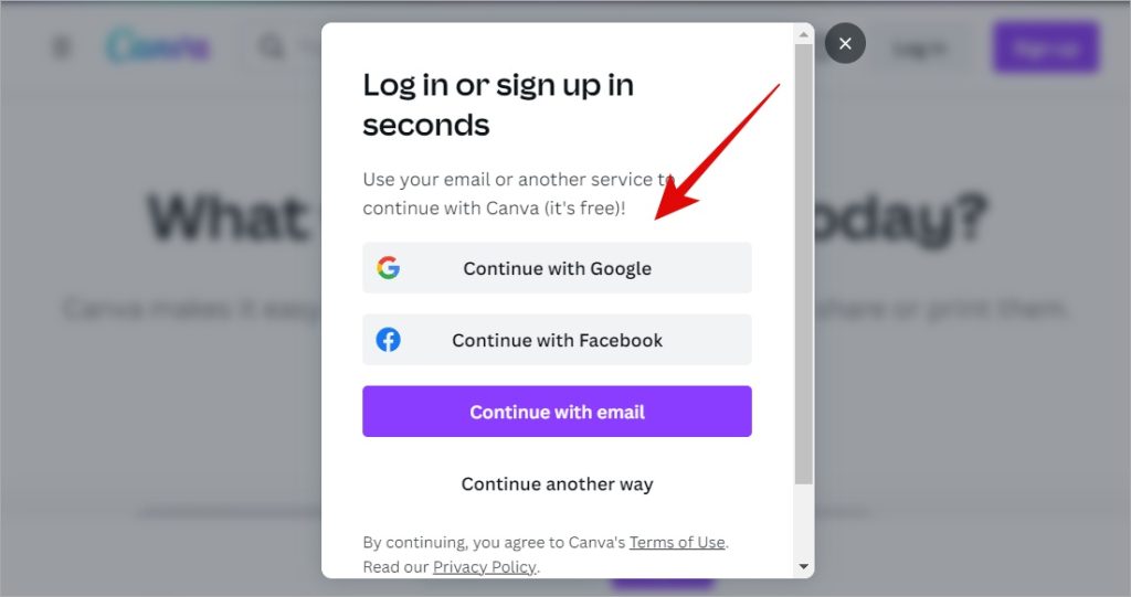 Inicie sesión en Canva usando la cuenta de Google/Facebook