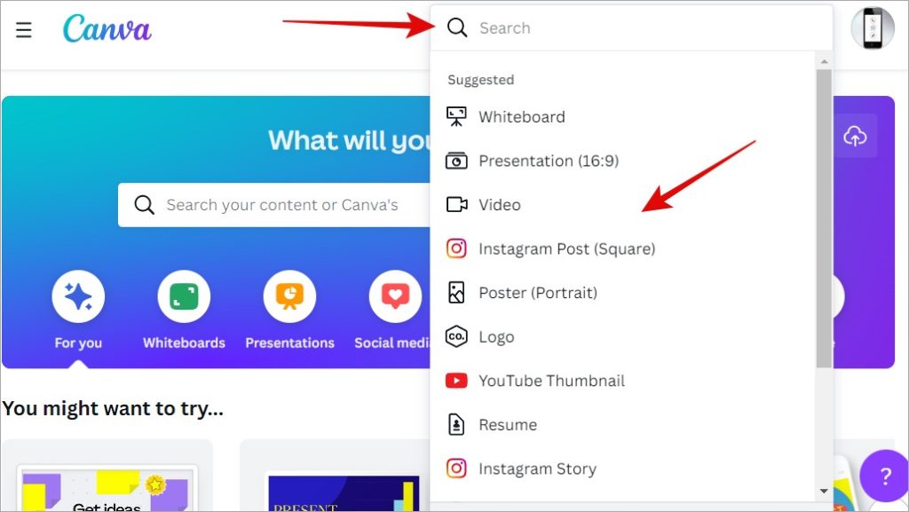 Elegir el propósito de diseño de Canva y el tamaño del lienzo
