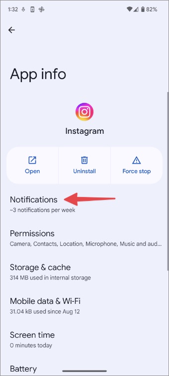 Seleccione Notificaciones de Instagram en Android