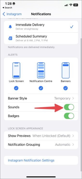 Habilitar el sonido de notificación de Instagram en iPhone