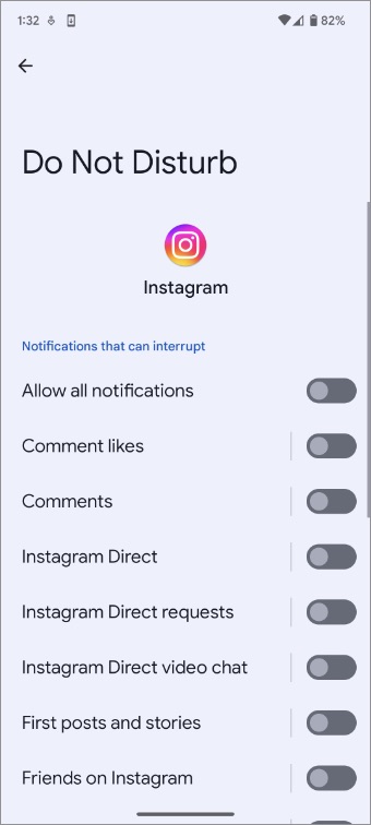 Permitir notificaciones de Instagram en no molestar