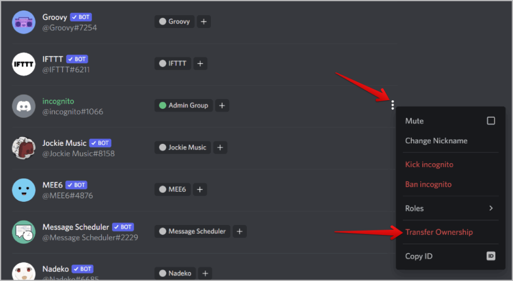 Transferir la propiedad en Discord Server
