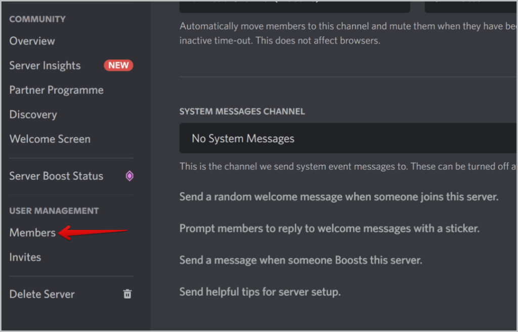 Opción de miembros en la configuración del servidor Discord