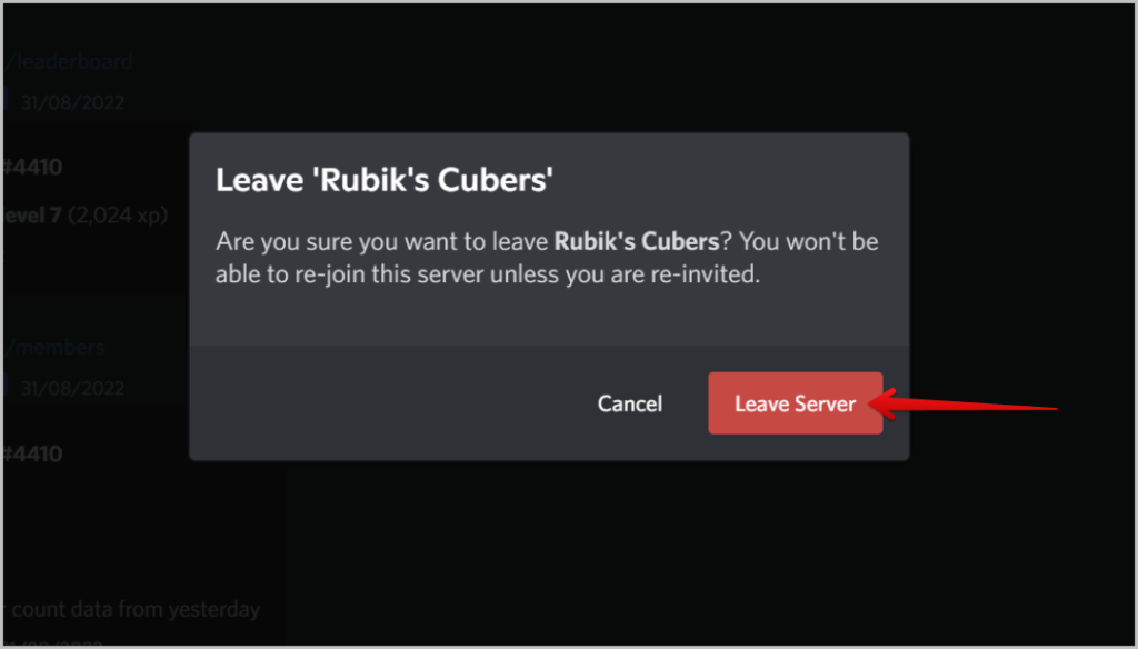 Dejando el servidor en Discord Desktop