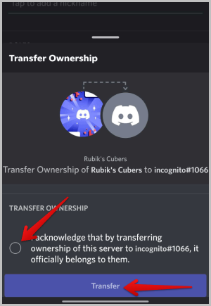 Transferir la propiedad a otros en Discord Mobile