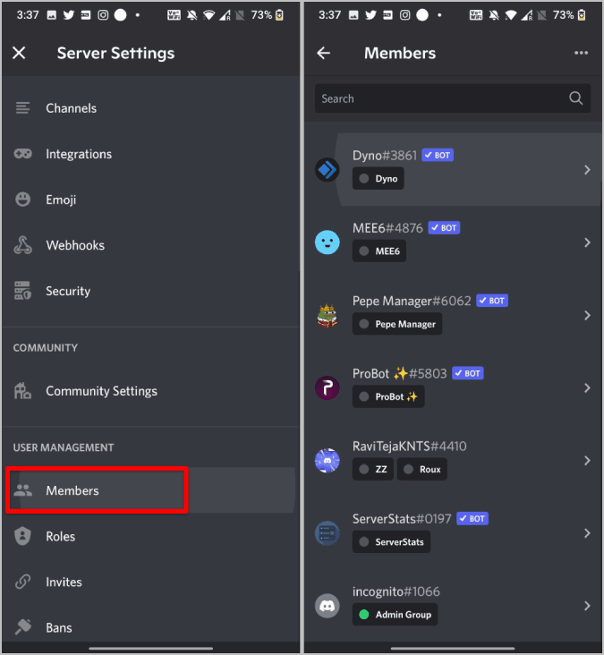 Apertura de la opción de miembros en la configuración del servidor de discordia