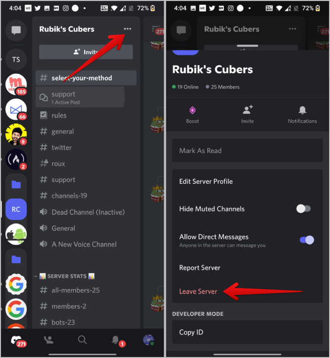 Dejar la opción del servidor en Discord Mobile