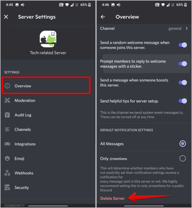 Eliminar la opción del servidor en Discord Mobile