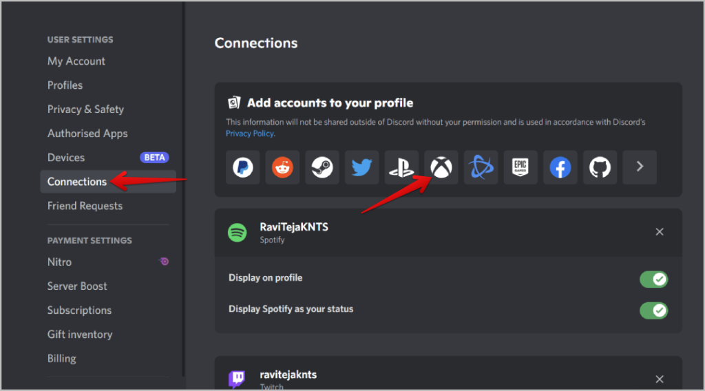 Abrir conexiones en la configuración del usuario de Discord