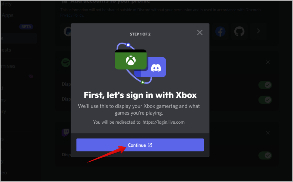 Continuar la opción para conectar Discord y Xbox