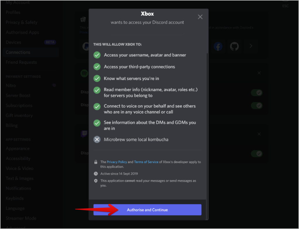 Autorizar la conexión Discord y Xbox