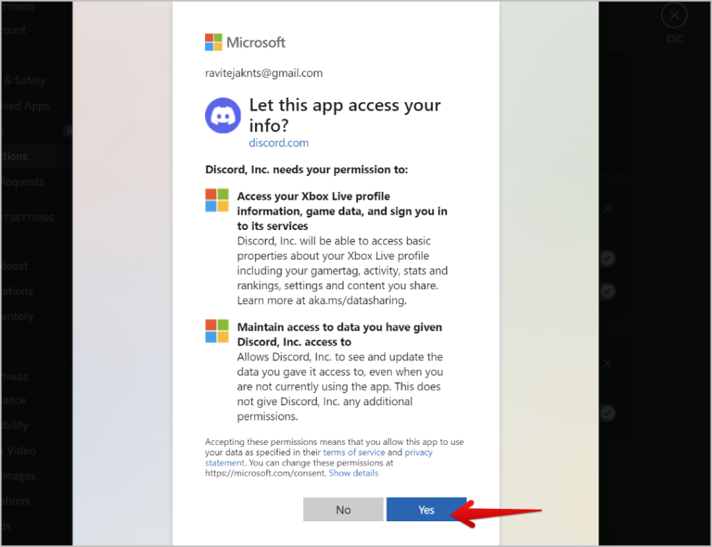 Deje que Discord acceda a la información de Xbox